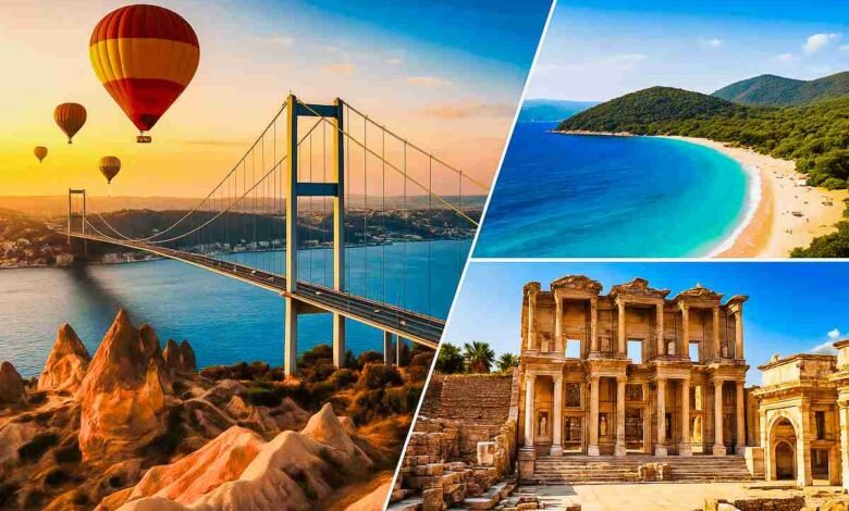 A stunning travel collage featuring Cappadocia hot air balloons, Bosphorus Bridge in Istanbul, Antalya beaches, and ancient ruins of Ephesus — complete travel guide to Turkey 2025.
