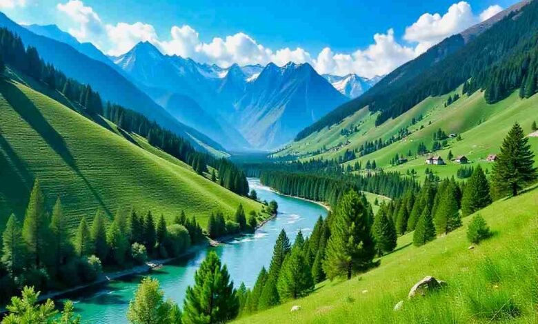 Swat Valley with river, pine forests, and snow-capped mountains in Pakistan