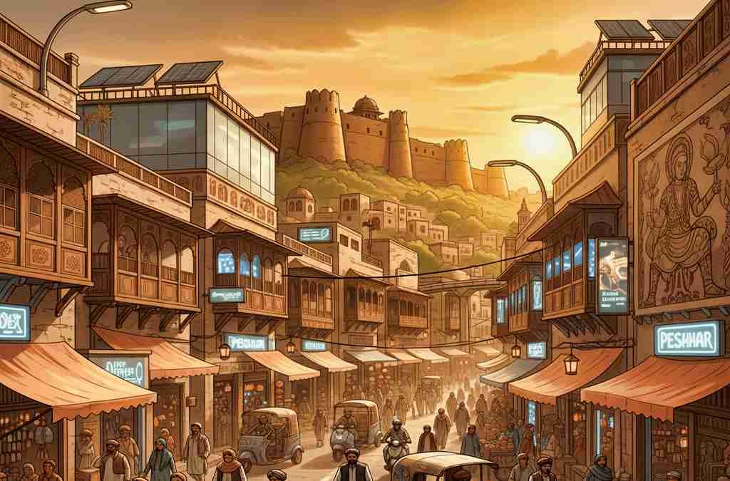 Historic bazaar of the Ancient City Peshawar with traditional architecture, local shoppers, and Bala Hisar Fort in the background.