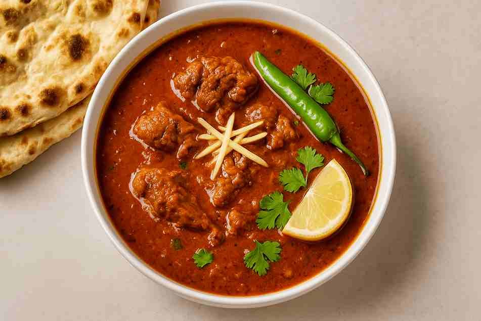 Authentic bowl of Pakistan’s National Dish Nihari with rich gravy, fresh ginger, green chili, and naan bread.
