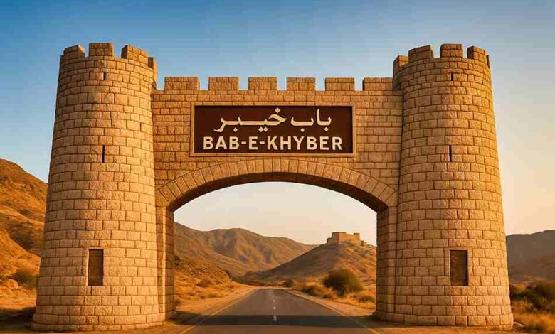 Bab-e-Khyber stone gateway in Jamrud at the entrance of the Khyber Pass with mountains in the background