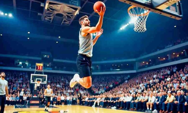 Basketball player dunking the ball in a modern indoor court with bright lights and cheering fans.