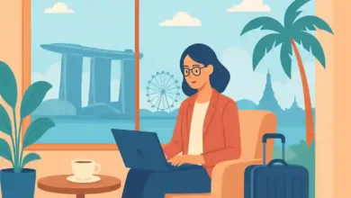 Woman working on a laptop in a hotel lounge with a city skyline view, representing modern bleisure travel and remote work culture.