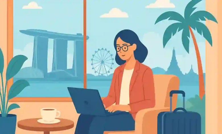 Woman working on a laptop in a hotel lounge with a city skyline view, representing modern bleisure travel and remote work culture.