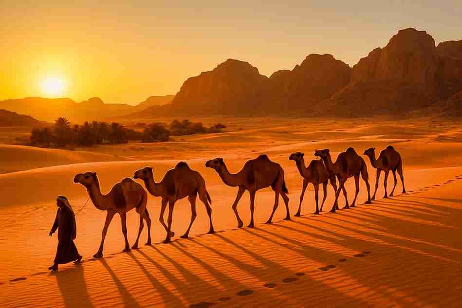 Camel caravan traveling along an ancient trade route in the Saudi Arabian desert...