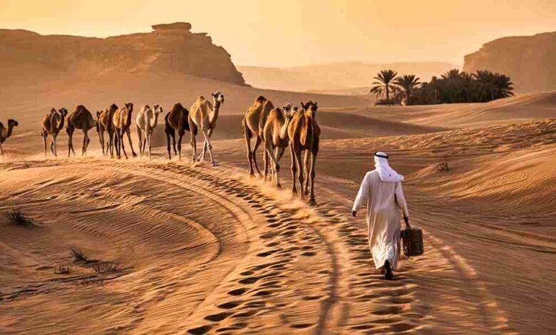 Camel caravan traveling along an ancient trade route in the Saudi Arabian desert at sunset
