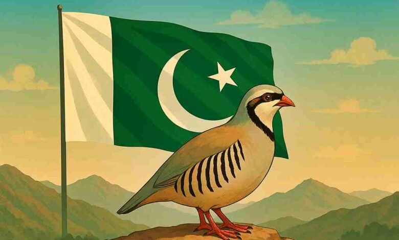 Chukar Partridge standing on rocky mountains with Pakistan flag in the background