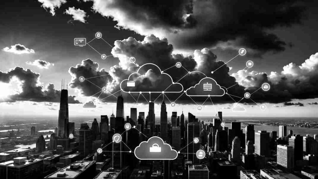 Digital illustration of cloud computing fueling the digital economy with connected servers, laptops, & analytics screens
