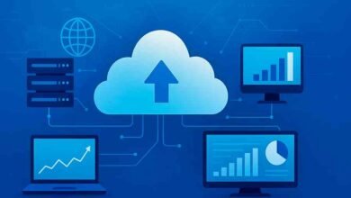 Digital illustration of cloud computing fueling the digital economy with connected servers, laptops, and analytics screens