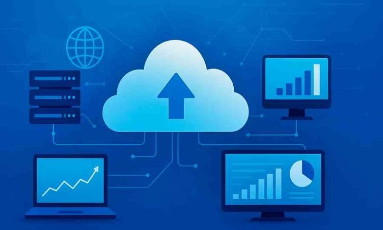 Digital illustration of cloud computing fueling the digital economy with connected servers, laptops, and analytics screens