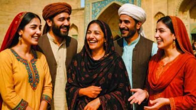 A group of Pakistani men and women in traditional clothing from different regions, smiling and talking together in a cultural setting, symbolizing Pakistan’s linguistic and cultural diversity. spoken in Pakistan