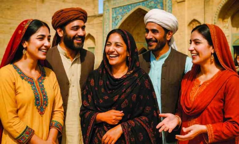 A group of Pakistani men and women in traditional clothing from different regions, smiling and talking together in a cultural setting, symbolizing Pakistan’s linguistic and cultural diversity. spoken in Pakistan