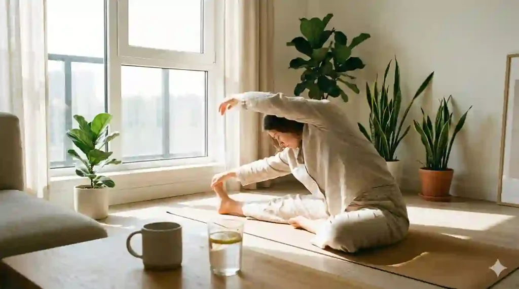 Woman stretching in soft morning light as part of a daily wellness habit