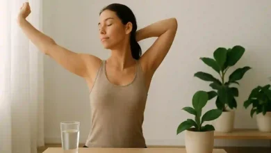 Woman doing a gentle morning stretch in natural sunlight as part of a daily wellness routine