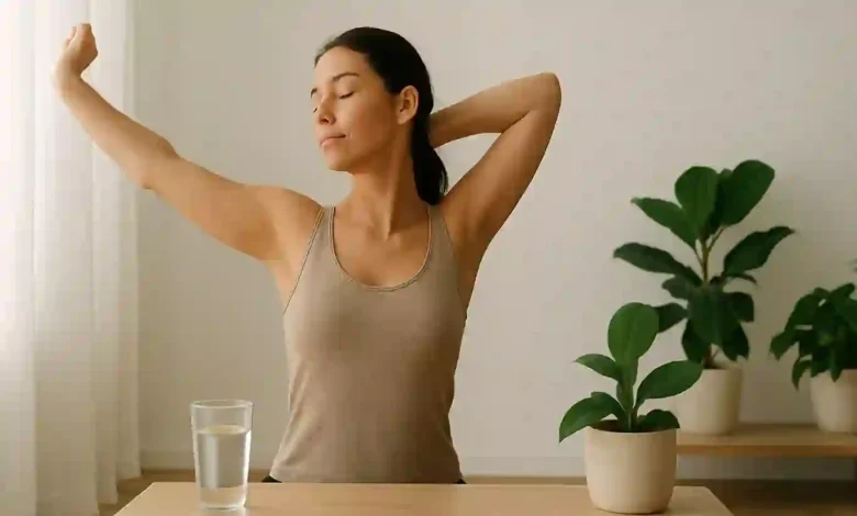 Woman doing a gentle morning stretch in natural sunlight as part of a daily wellness routine