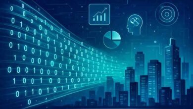 Futuristic digital city with flowing binary data streams representing how Data Is the New Currency in the digital era.