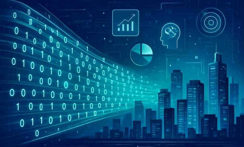 Futuristic digital city with flowing binary data streams representing how Data Is the New Currency in the digital era.