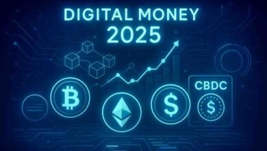 Golden futuristic crypto concept showing Bitcoin, Ethereum, digital dollar, and CBDC icons with blockchain graphics for Digital Money 2025.