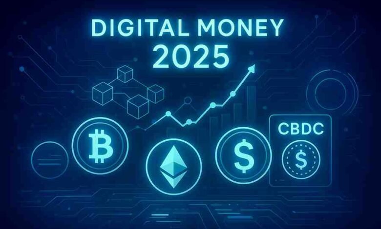 Golden futuristic crypto concept showing Bitcoin, Ethereum, digital dollar, and CBDC icons with blockchain graphics for Digital Money 2025.