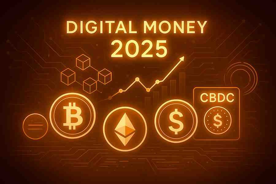 Golden futuristic crypto concept showing Bitcoin, Ethereum, digital dollar, & CBDC icons with blockchain graphics for Digital Money 2025