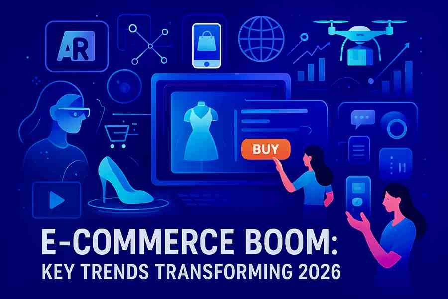 Realistic photo-style image showing a woman using her smartphone with futuristic AI shopping icons, holograms, and drone delivery representing e-commerce trends in 2026