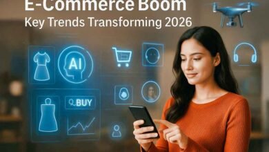 Modern illustration showing key e-commerce trends transforming 2026 with AI shopping, AR try-on, drones, and digital retail technology