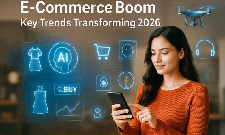 Modern illustration showing key e-commerce trends transforming 2026 with AI shopping, AR try-on, drones, and digital retail technology