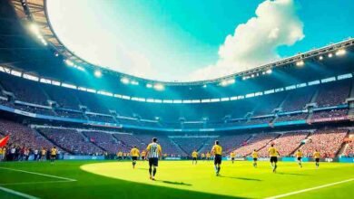 Players chasing the ball in a packed football stadium with cheering fans and waving flags.