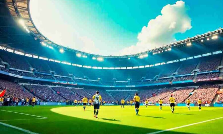 Players chasing the ball in a packed football stadium with cheering fans and waving flags.