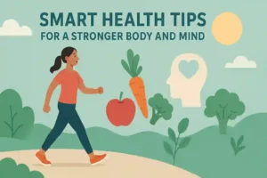 Fresh fruits, water bottle, smartwatch, and a woman jogging on a forest trail representing smart health tips for body and mind.