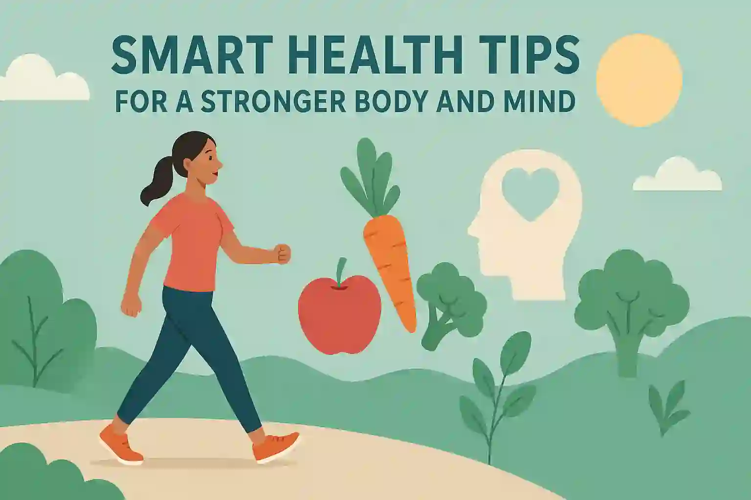 Fresh fruits, water bottle, smartwatch, and a woman jogging on a forest trail representing smart health tips for body and mind.