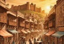 A vibrant historical street scene of Ancient City Peshawar showing traditional architecture, bustling markets, and Bala Hisar Fort at sunset.