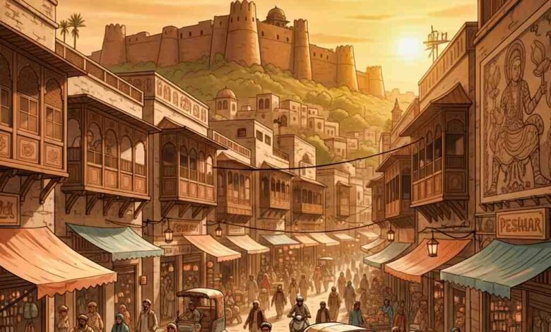 A vibrant historical street scene of Ancient City Peshawar showing traditional architecture, bustling markets, and Bala Hisar Fort at sunset.