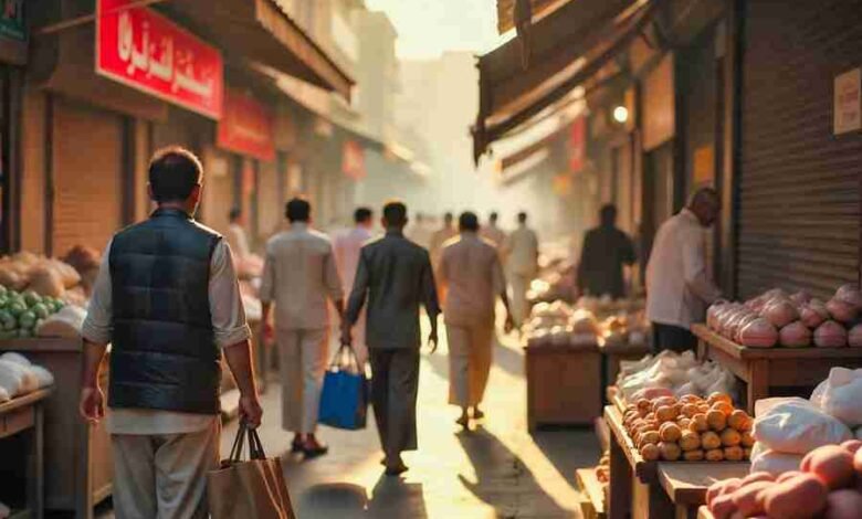A busy Pakistani marketplace with people shopping and visible price tags, symbolizing rising inflation and increasing cost of living in Pakistan.
