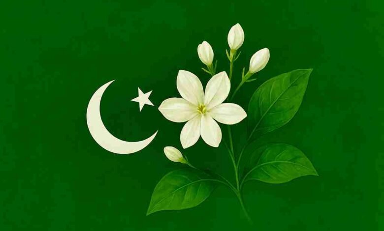 White jasmine flower with Pakistan flag elements symbolizing Pakistan’s national flower jasmine