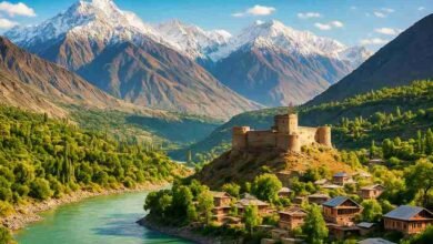 Chitral Fort with traditional houses along the river and snow-covered Hindu Kush mountains in northern Pakistan