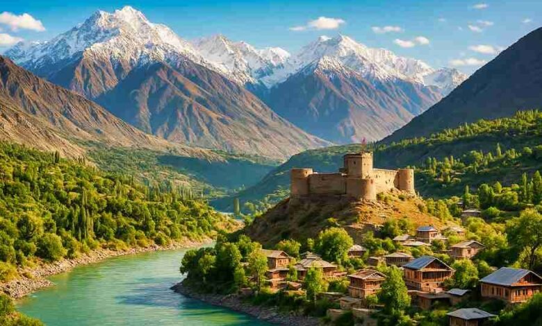 Chitral Fort with traditional houses along the river and snow-covered Hindu Kush mountains in northern Pakistan