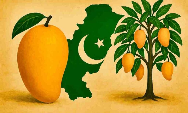 Illustration showing the relationship between Pakistan and mango, featuring a ripe mango, Pakistan map, and mango tree