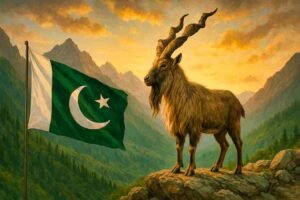 Markhor standing on a rocky cliff beside the Pakistan flag at sunset, symbolizing why the Markhor stands as Pakistan’s national animal.