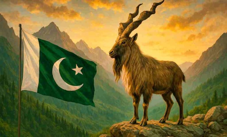 Markhor standing on a rocky cliff beside the Pakistan flag at sunset, symbolizing why the Markhor stands as Pakistan’s national animal.