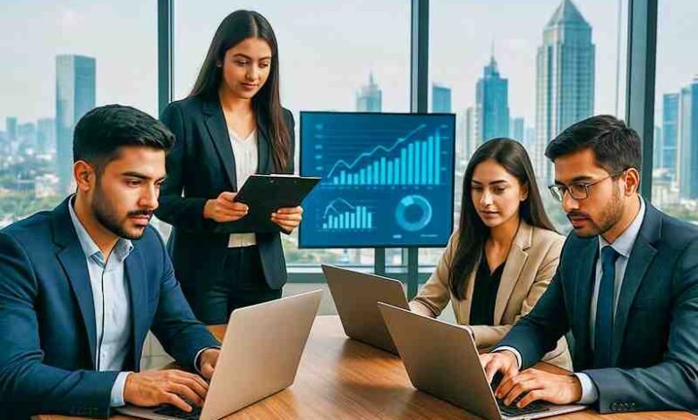Young Pakistani entrepreneurs working with laptops in a modern office, symbolizing business growth and innovation in Pakistan.