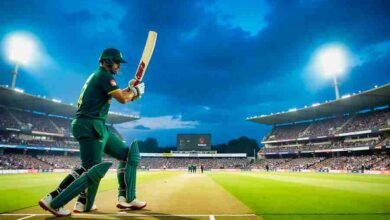 Batsman hitting a six in a modern T20 cricket stadium under floodlights with cheering fans.