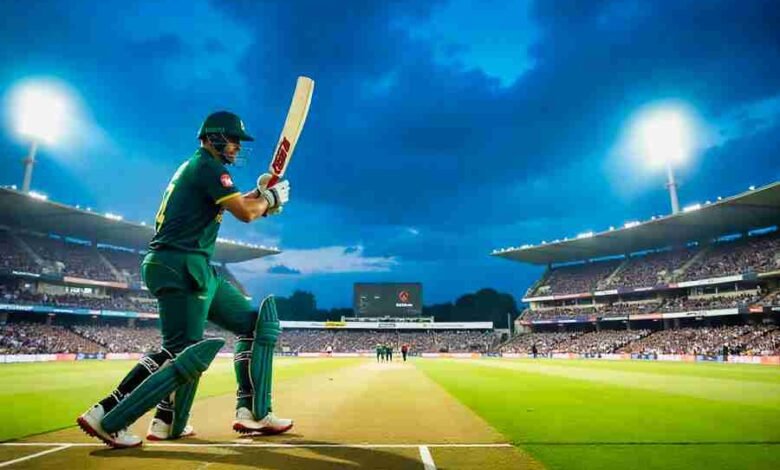 Batsman hitting a six in a modern T20 cricket stadium under floodlights with cheering fans.
