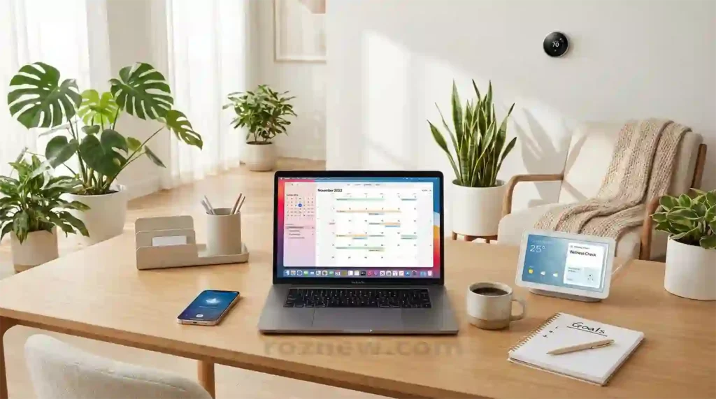 Modern workspace with laptop, notebook, coffee, and smart device