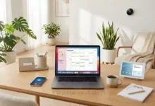 Modern workspace with laptop, notebook, coffee, and smart device