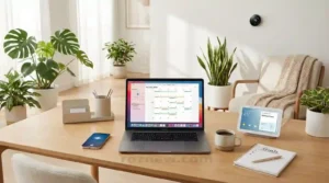 Modern workspace with laptop, notebook, coffee, and smart device