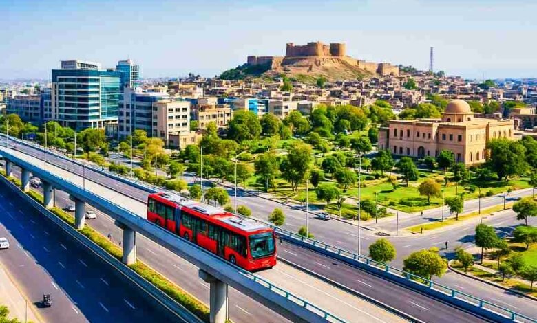 In-depth information about Peshawar city showing modern infrastructure, BRT system, and Bala Hisar Fort in Pakistan