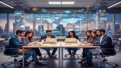 Young Pakistani students using laptops and smartphones for online education in a modern digital learning environment.