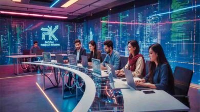 Young Pakistani professionals coding and collaborating in a modern tech workspace.