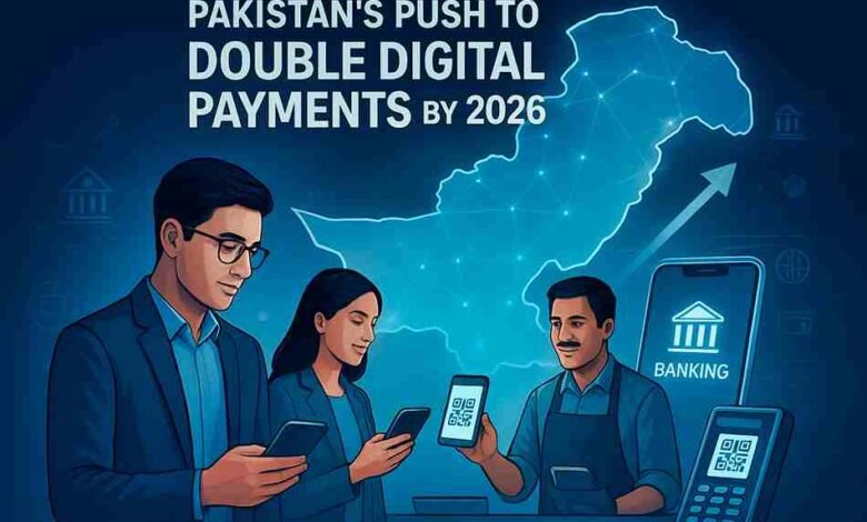 Futuristic illustration showing Pakistan’s digital payment transformation with Raast, QR code payments, and mobile wallet users.